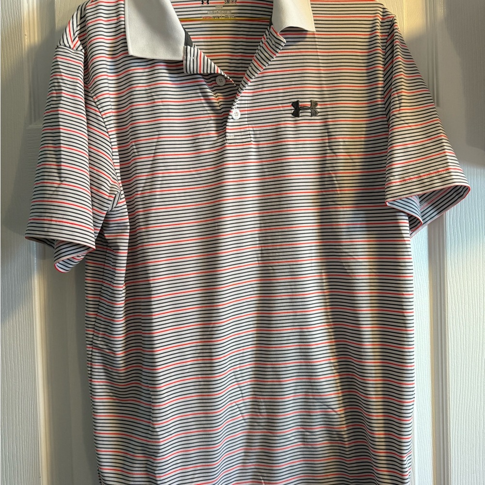 Under Armour Red and Grey Stripe Polo Shirt Performance Fit